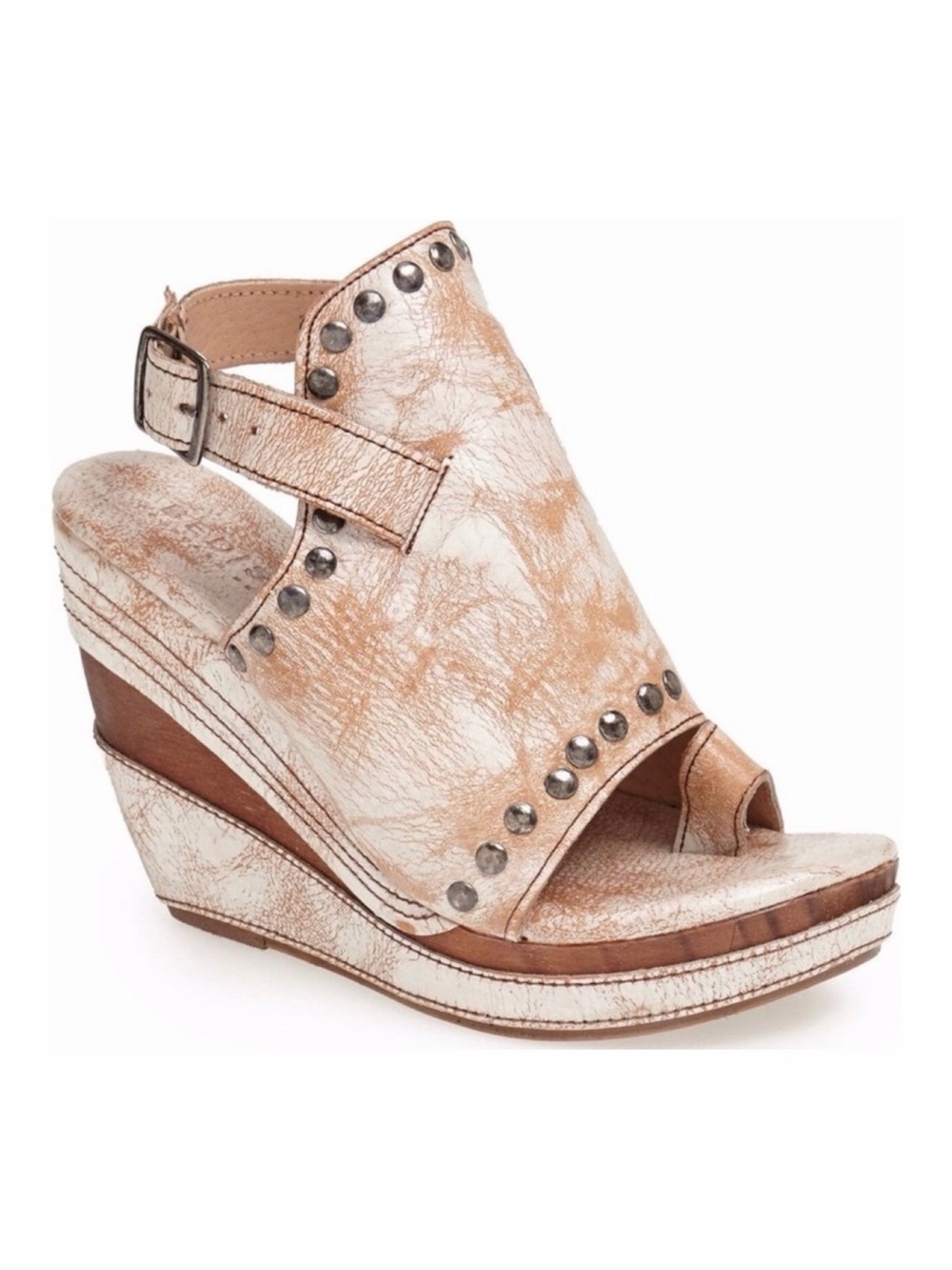 Bed Stu Joann Wedge Sandals Studded Distressed White Cream Size 7